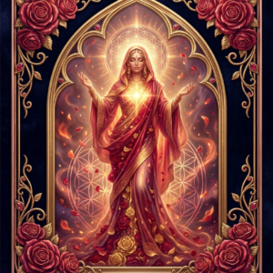 The Sacred Flesh Oracle — 50-Card Digital Deck + Companion Guidebook (18+) The Sacred Flesh Oracle by SoulEnergy144 — an 18+ oracle deck front cover featuring a radiant draped goddess of golden light and rose petals amid red roses and sacred geometry, in a gold frame