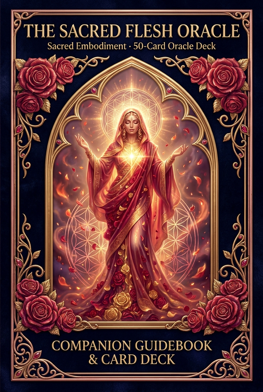 The Sacred Flesh Oracle by SoulEnergy144 — 18+ oracle deck, a radiant draped goddess of golden light and roses in a gold frame