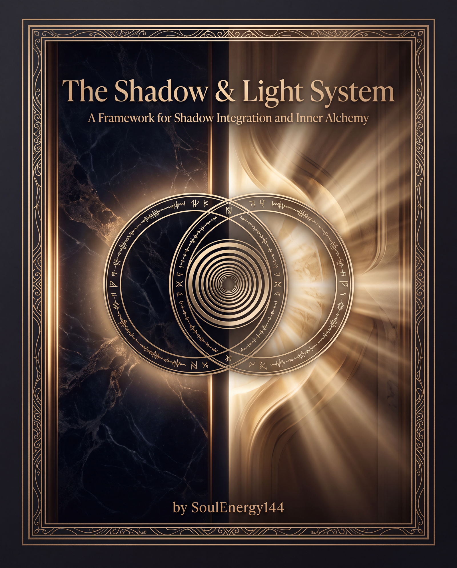 The Shadow & Light System — Both Complete Systems The Shadow & Light System by SoulEnergy144 — luxury esoteric cover with a champagne-gold vesica piscis sigil split down the centre between deep navy-black shadow and radiant gold light, subtitled A Framework for Shadow Integration and Inner Alchemy.