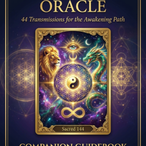 The SoulEnergy144 Master Oracle — 44-Card Digital Deck + Companion Guidebook The SoulEnergy144 Master Oracle — elevated front cover, a gold-framed Sacred 144 hero card with a golden lion and emerald dragon flanking a flower-of-life yin-yang mandala, all-seeing eye and cosmic nebula, gold serif title on deep navy