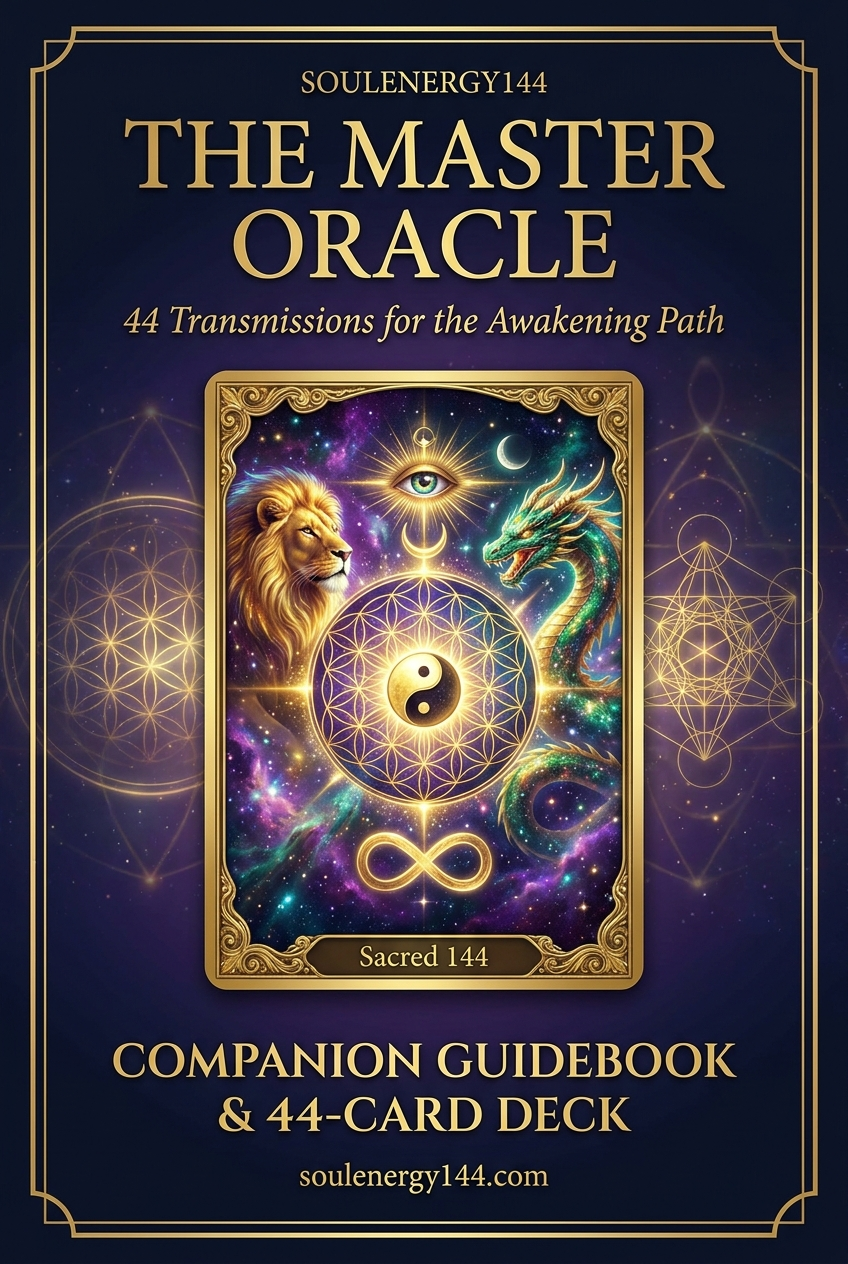 The SoulEnergy144 Master Oracle — 44-card digital oracle deck, gold title on deep purple void with the Sacred 144 card