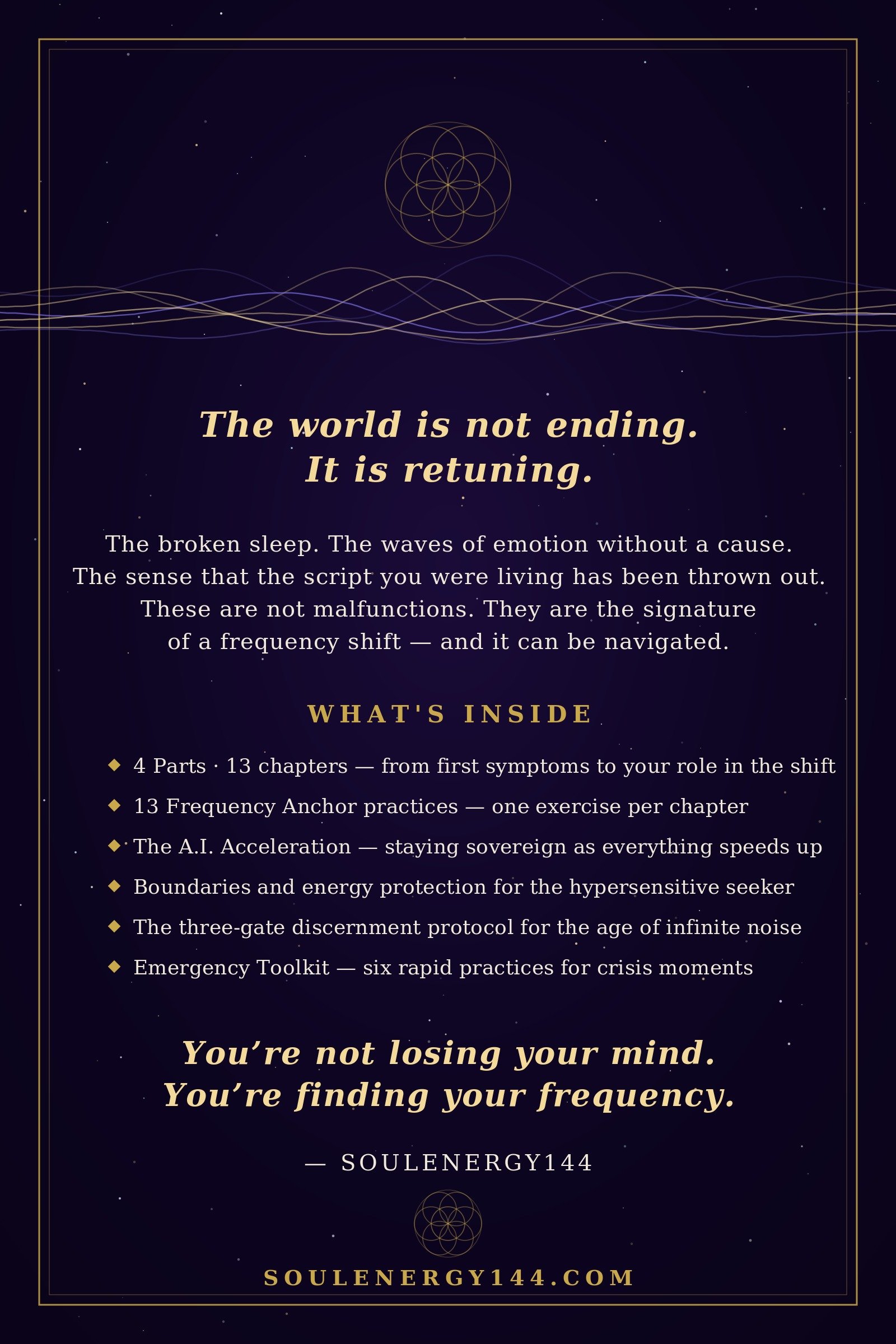 The 2026 Frequency Shift: Master Edition — A Spiritual Survival Guide for the Age of A.I. & Awakening Purple and gold book back cover with the headline The world is not ending, it is retuning, six gold diamond bullet points listing contents, and soulenergy144.com