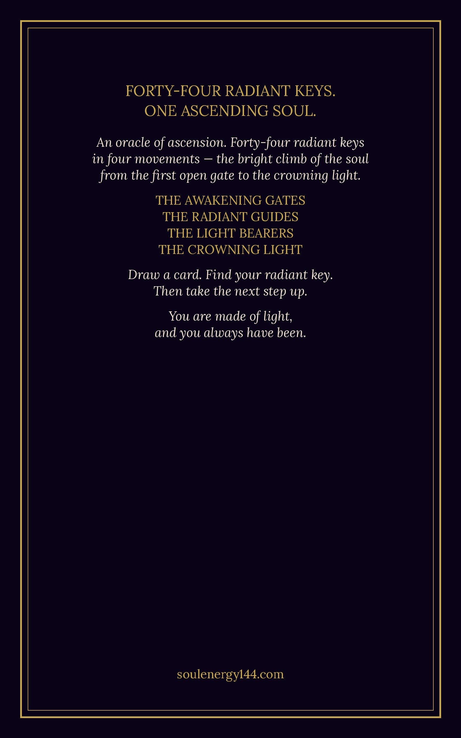 The Rainbow Light Oracle — 44-Card Digital Deck + Companion Guidebook The Rainbow Light Oracle back cover — the four movements of the ascent in gold text on a deep purple void