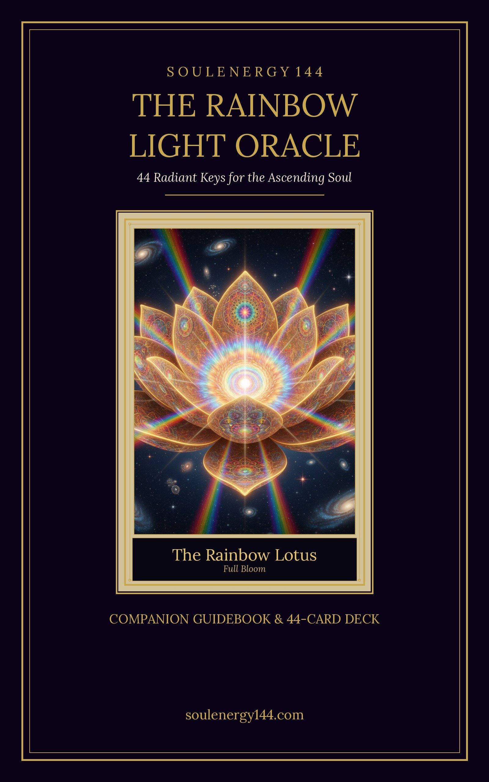 The Rainbow Light Oracle — 44-Card Digital Deck + Companion Guidebook The Rainbow Light Oracle front cover — a radiant rainbow lotus of light on a deep purple void within a gold frame, a 44-card SoulEnergy144 ascension deck