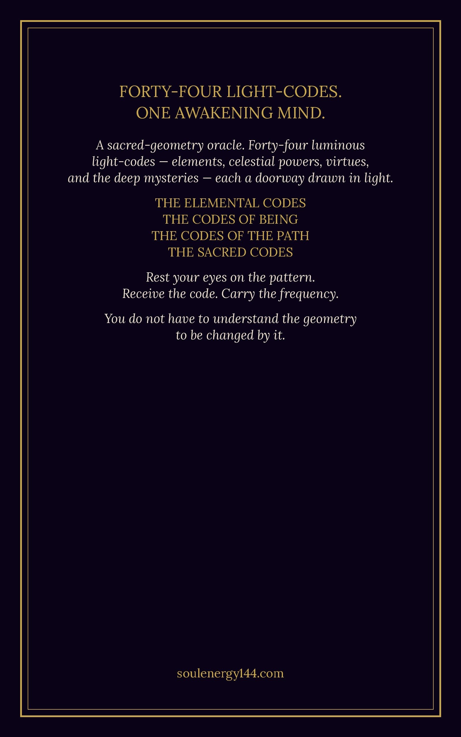 The Sacred Codes Oracle — 44-Card Digital Deck + Companion Guidebook Back cover listing the four families of The Sacred Codes Oracle by SoulEnergy144