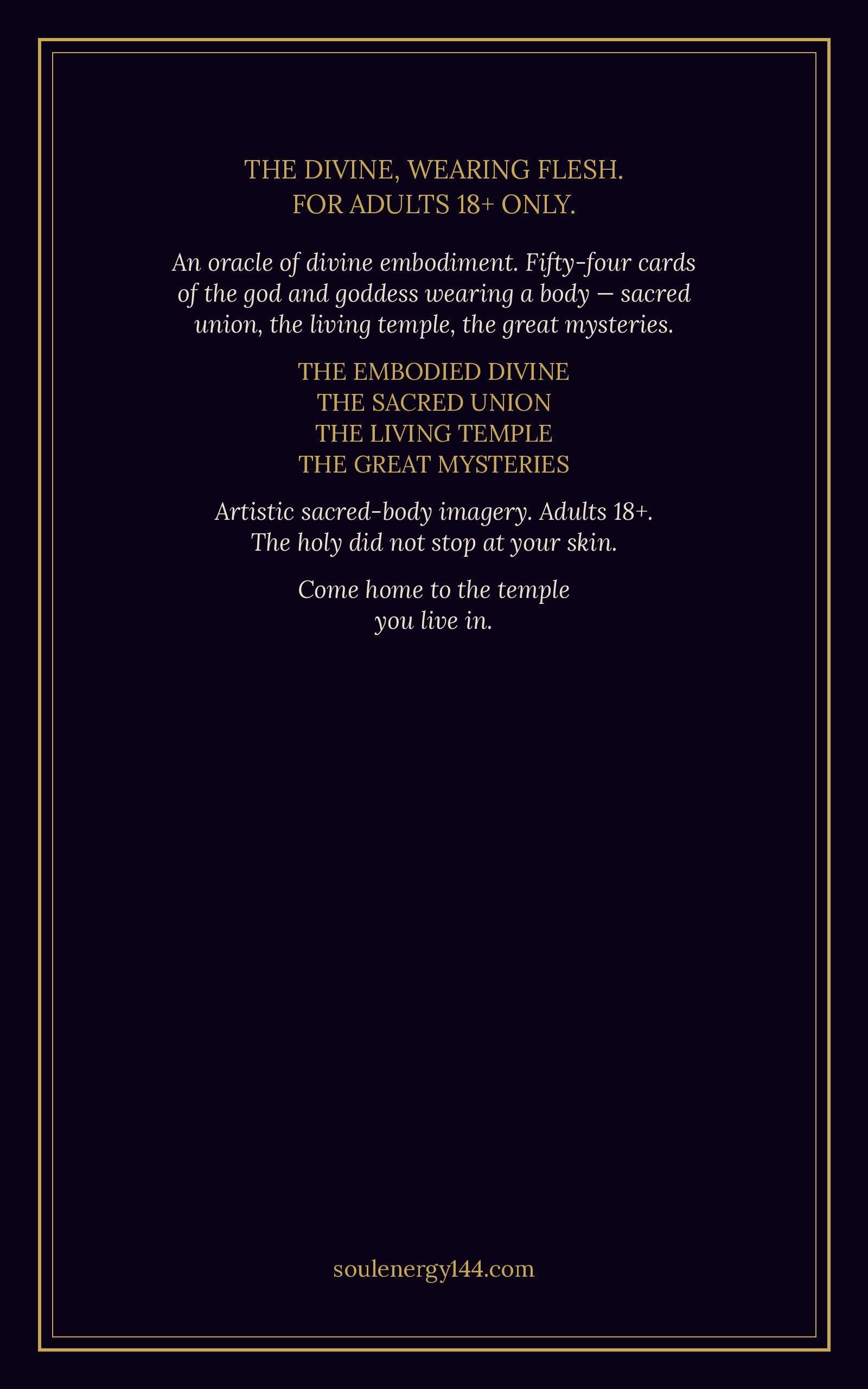 The Sacred Flesh Oracle — 50-Card Digital Deck + Companion Guidebook (18+) The Sacred Flesh Oracle back cover — the four movements in gold text on a deep purple void, for adults 18 and over
