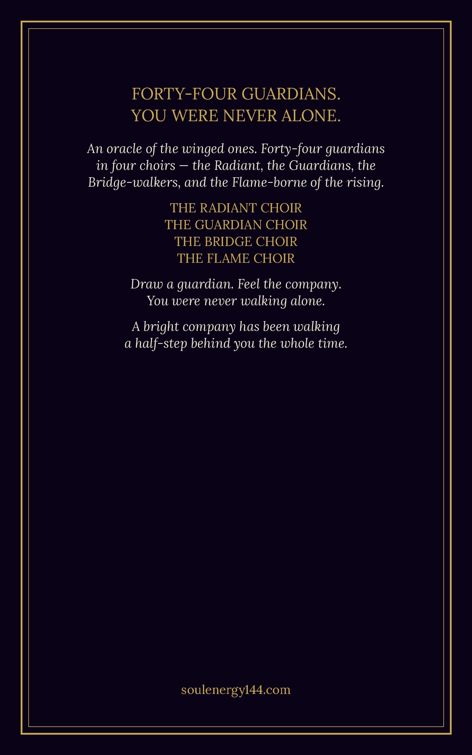 The Winged Guardians Oracle — 44-Card Digital Deck + Companion Guidebook Back cover listing the four choirs of The Winged Guardians Oracle by SoulEnergy144