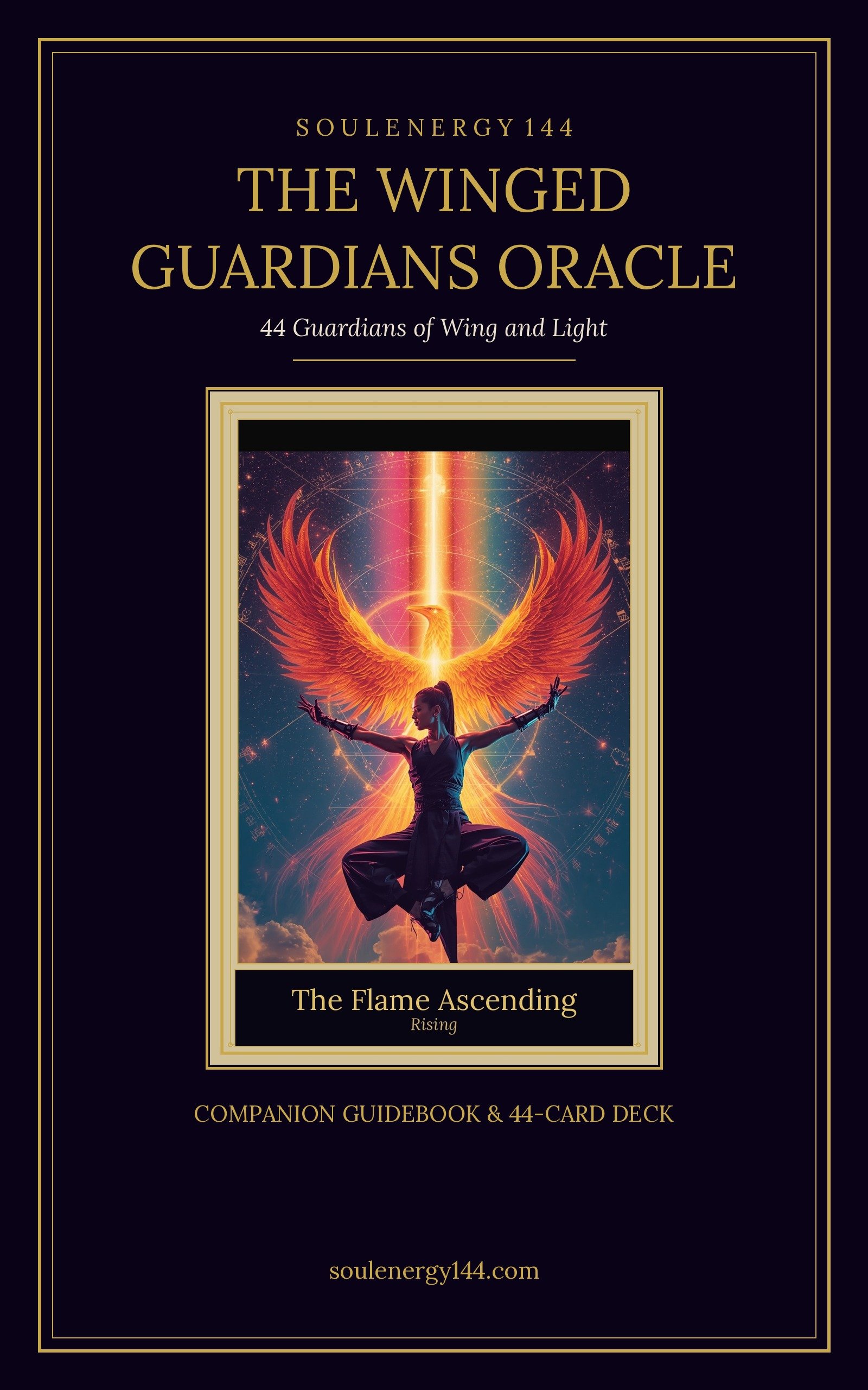The Winged Guardians Oracle — 44-Card Digital Deck + Companion Guidebook Front cover of The Winged Guardians Oracle digital deck by SoulEnergy144 — gold title on deep purple void with the Flame Ascending guardian card