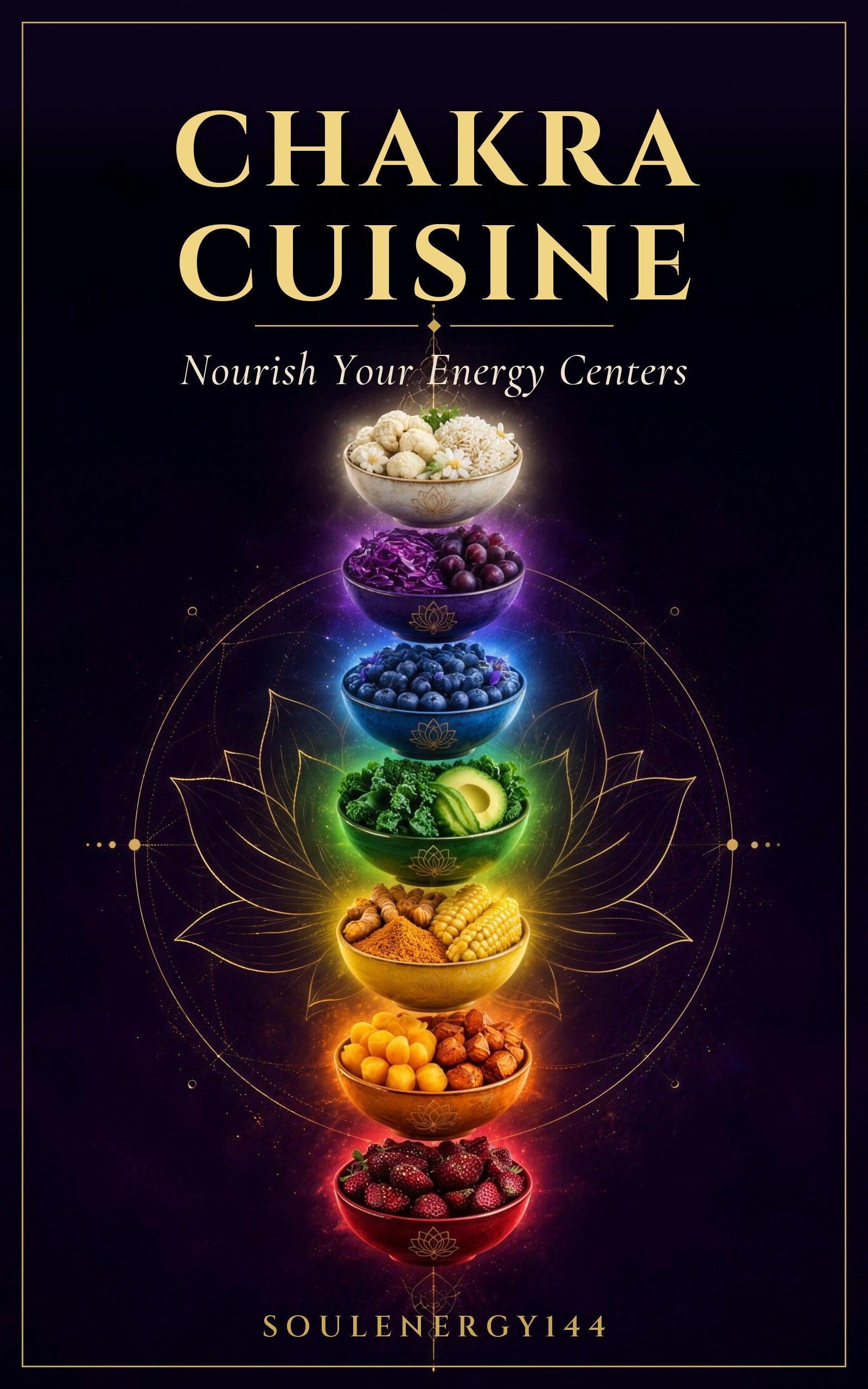 Chakra Cuisine: Nourish Your Energy Centers Chakra Cuisine: Nourish Your Energy Centers by SoulEnergy144 – front cover with seven glowing chakra bowls of colorful whole foods on a deep purple and gold background